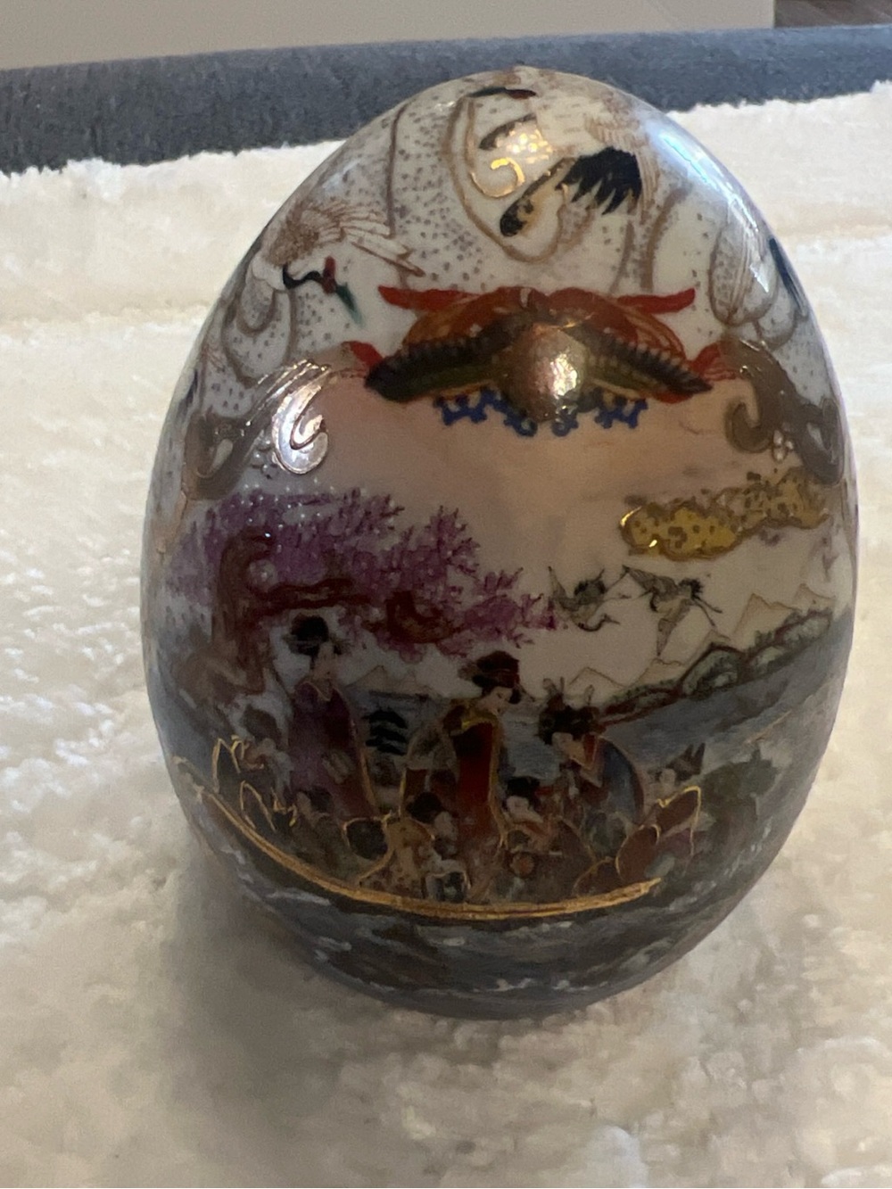 Hand-Painted Porcelain Decorative Egg — Geisha GirlsWhite, Purple & Gold Accents